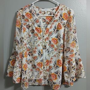 Fever White Cream Ruffled Blouse with‎ Notched Collar